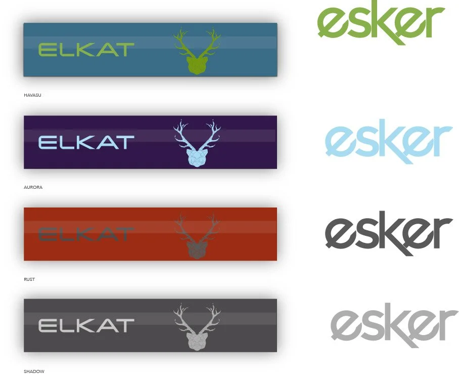 Four rectangular banners with the word 'ELKAT' and a reindeer head logo in different colors and styles. The top banner is green with the logo and text in light green. The second banner is purple with the logo and text in light blue. The third banner 