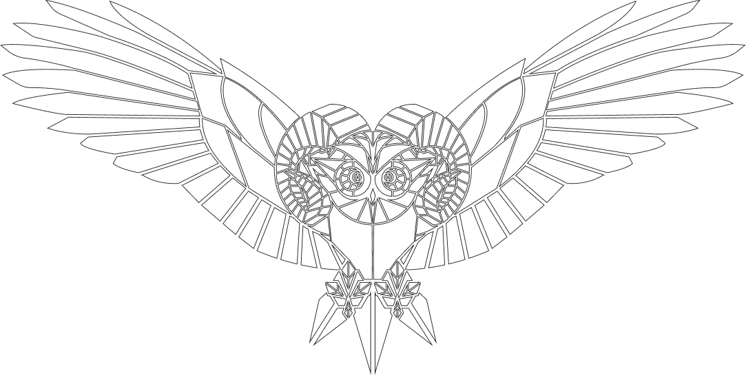 Line drawing of an owl with outstretched wings, facing forward.