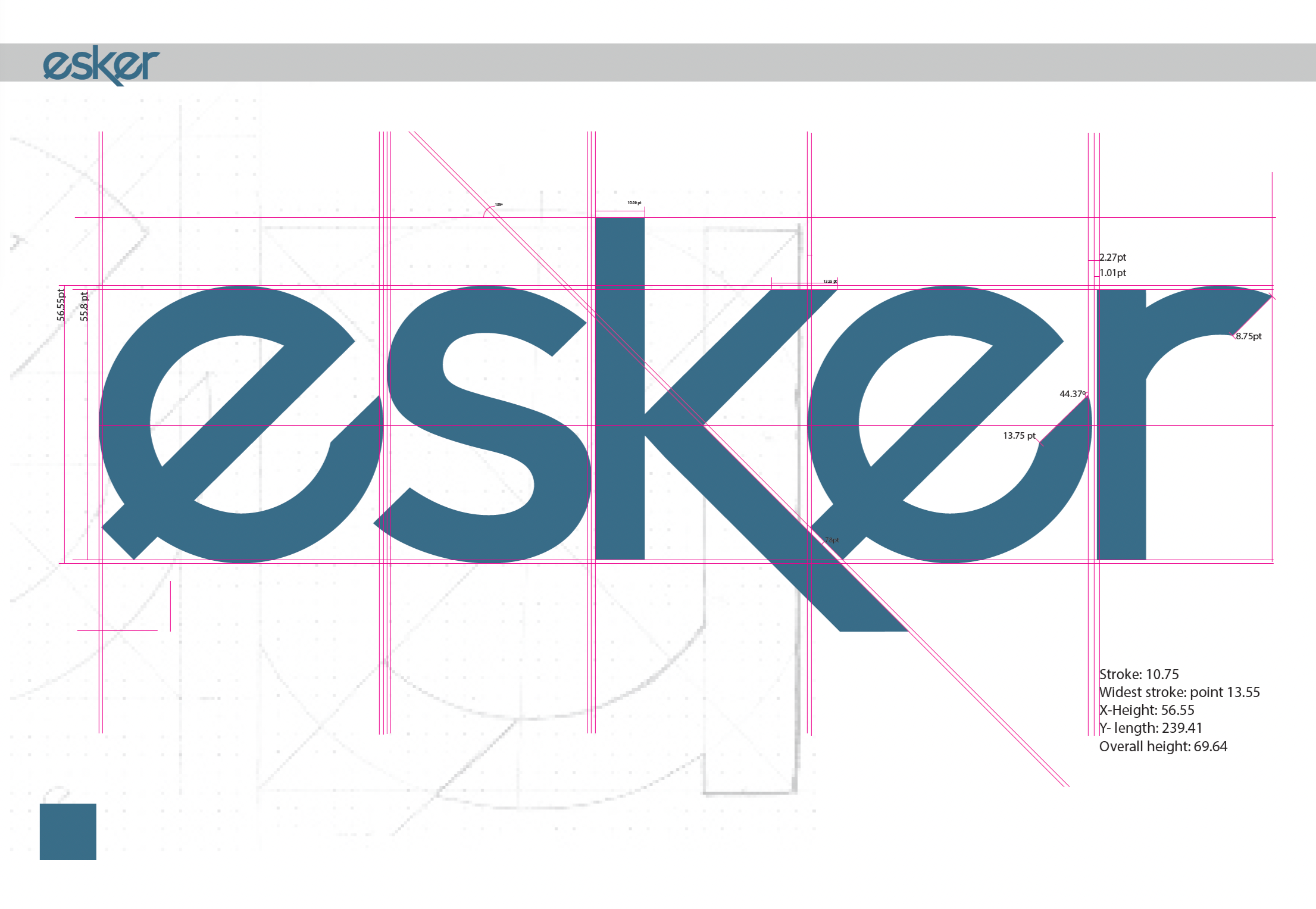 Graphic showing logo design guidelines for Esker, including font size, stroke width, alignment, and layout measurements.