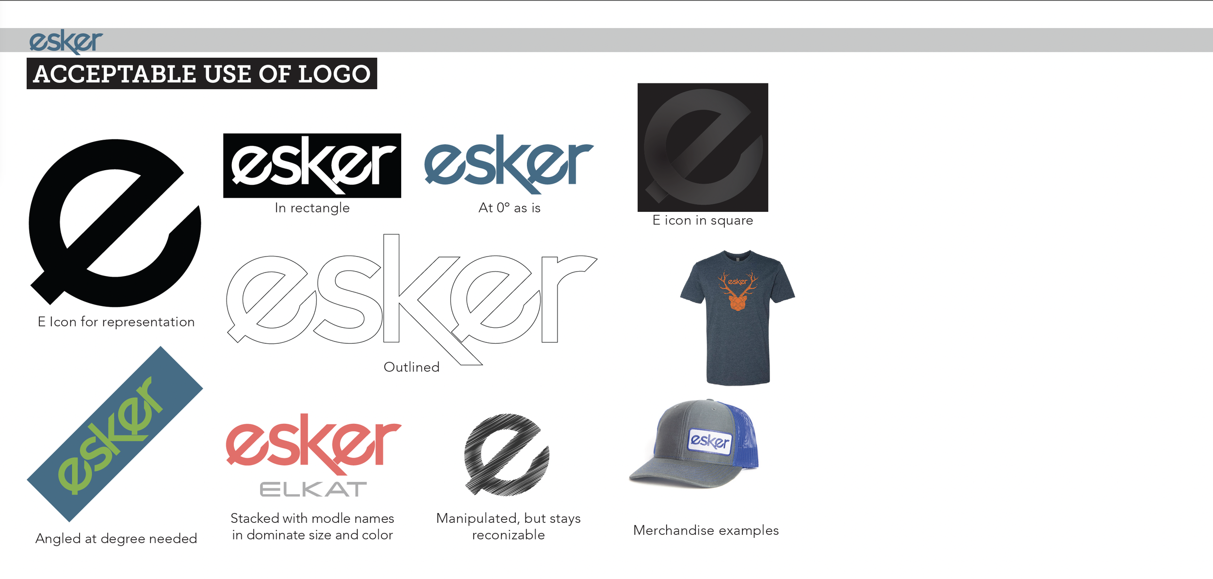 A presentation slide showing different acceptable uses of the Esker logo, including various logo styles, merchandise, and icons, with labels and descriptions for each.