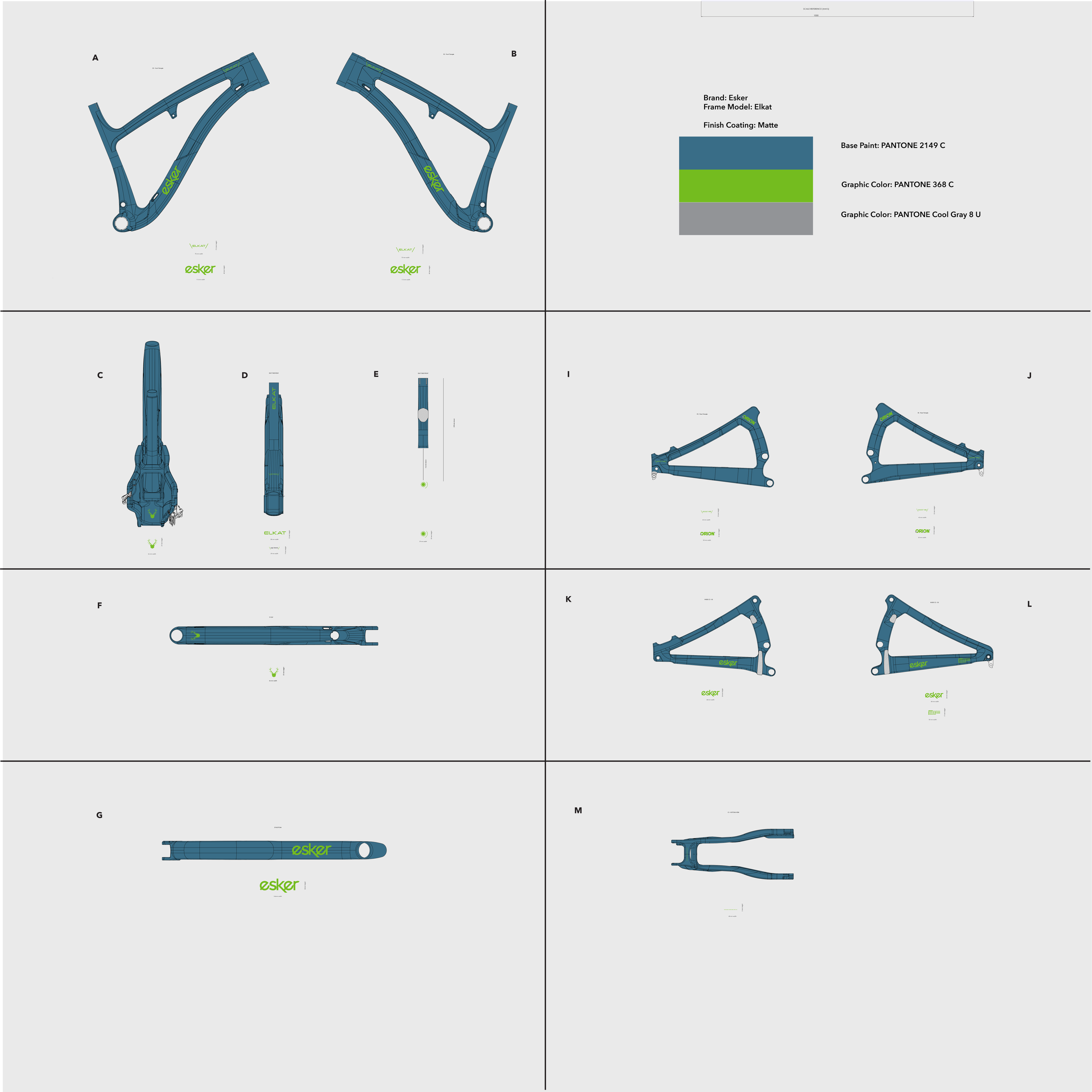 Technical drawing of a mountain bike frame in blue with green accents, showing multiple views and specifications.