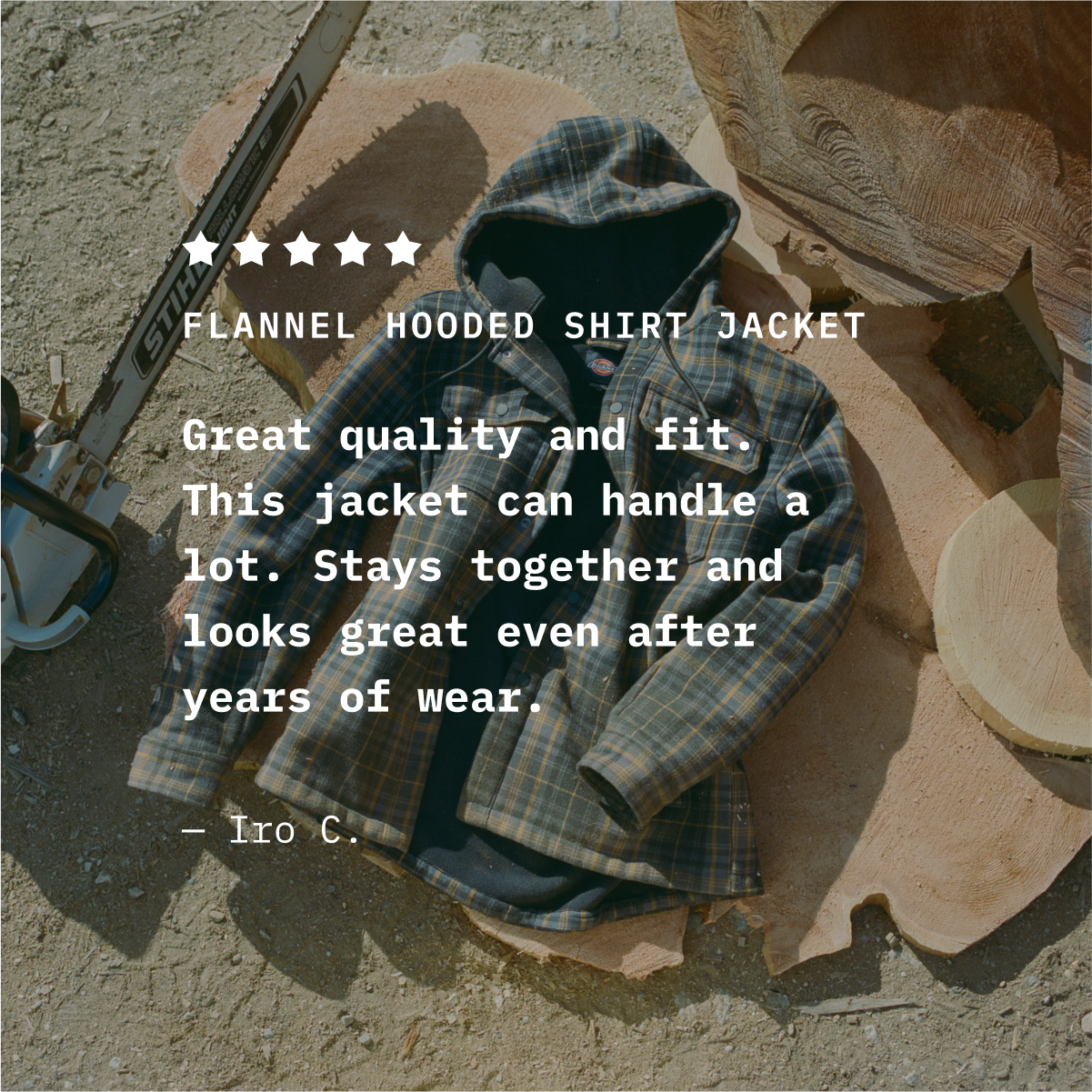Flat lay of shirt jacket on wooded slab. Text overlay: Flannel Hooded Shirt Jacket, Great quality and fit. This jacket can handle a lot. Stays together and looks great after a few years of wear