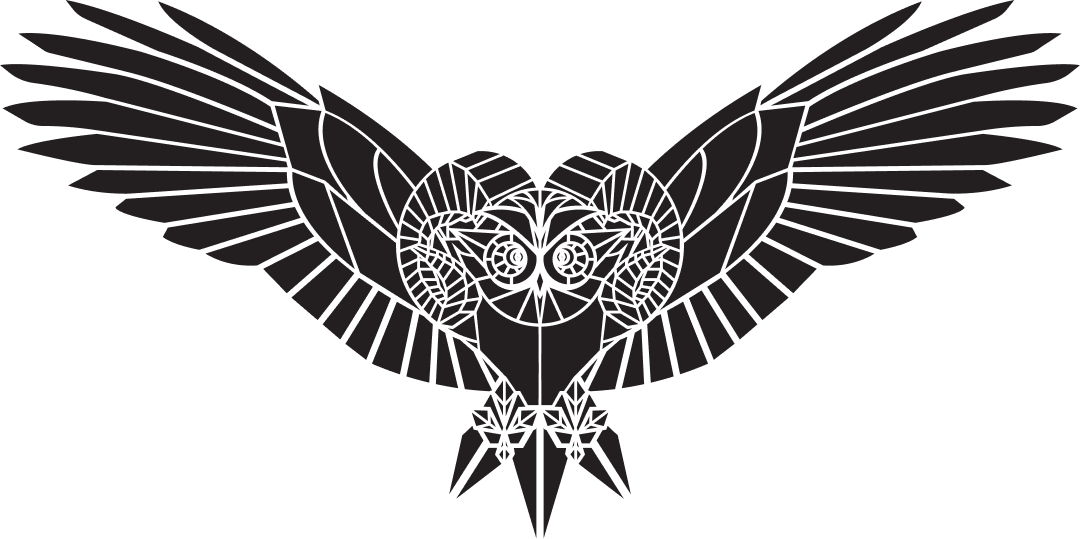 A black and gray geometric illustration of an owl with outstretched wings.