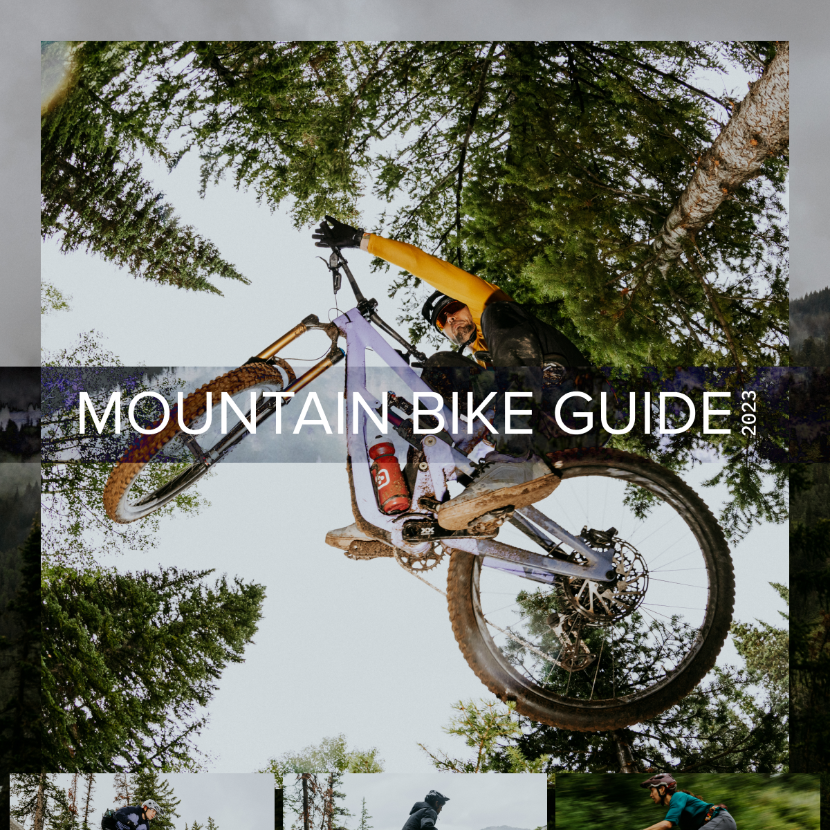 action photo of a mountain biker on a purple Ibis HD6, shot from below