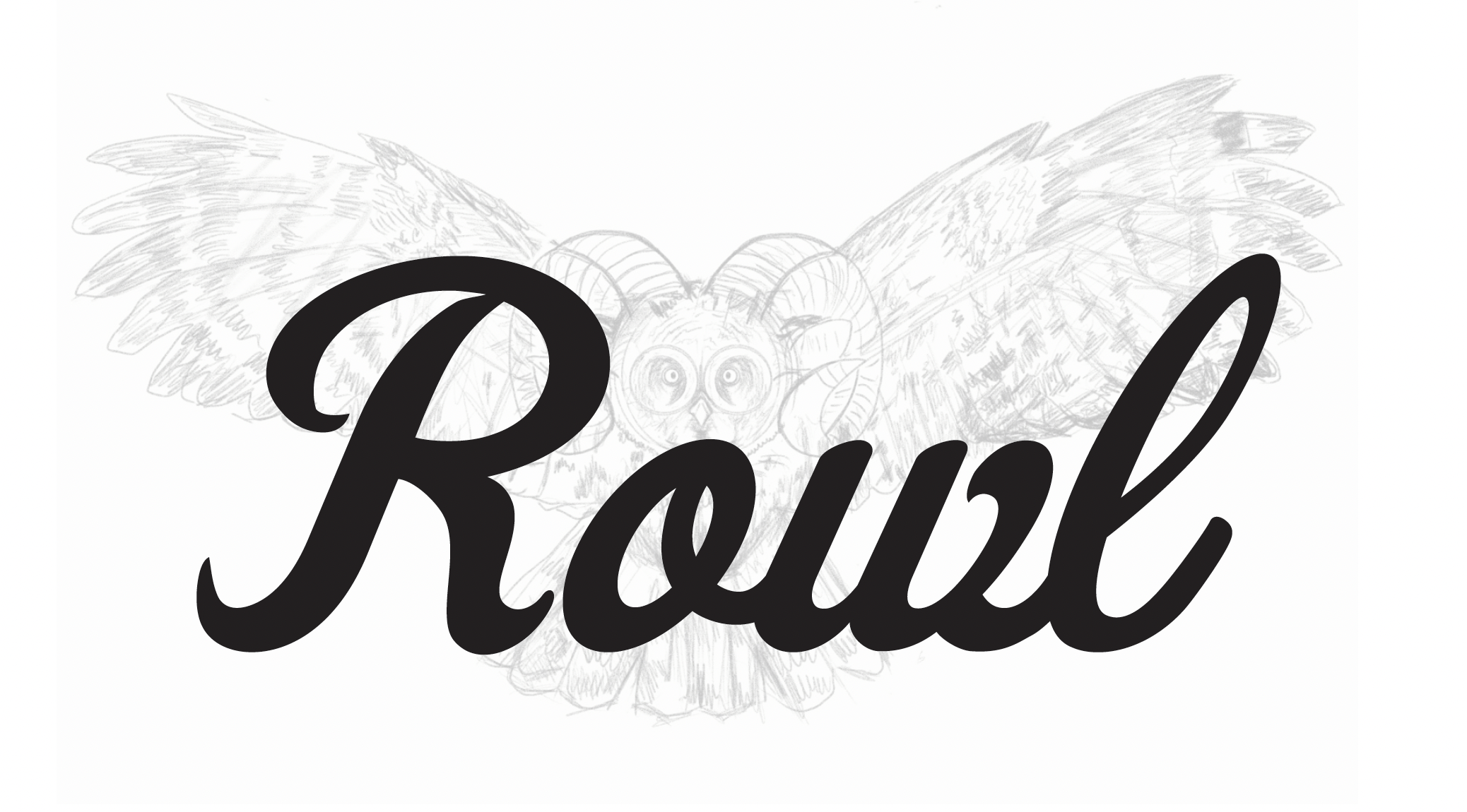 The word 'Rewild' written in large, black cursive text over a faint, sketchy drawing of an owl with outstretched wings.