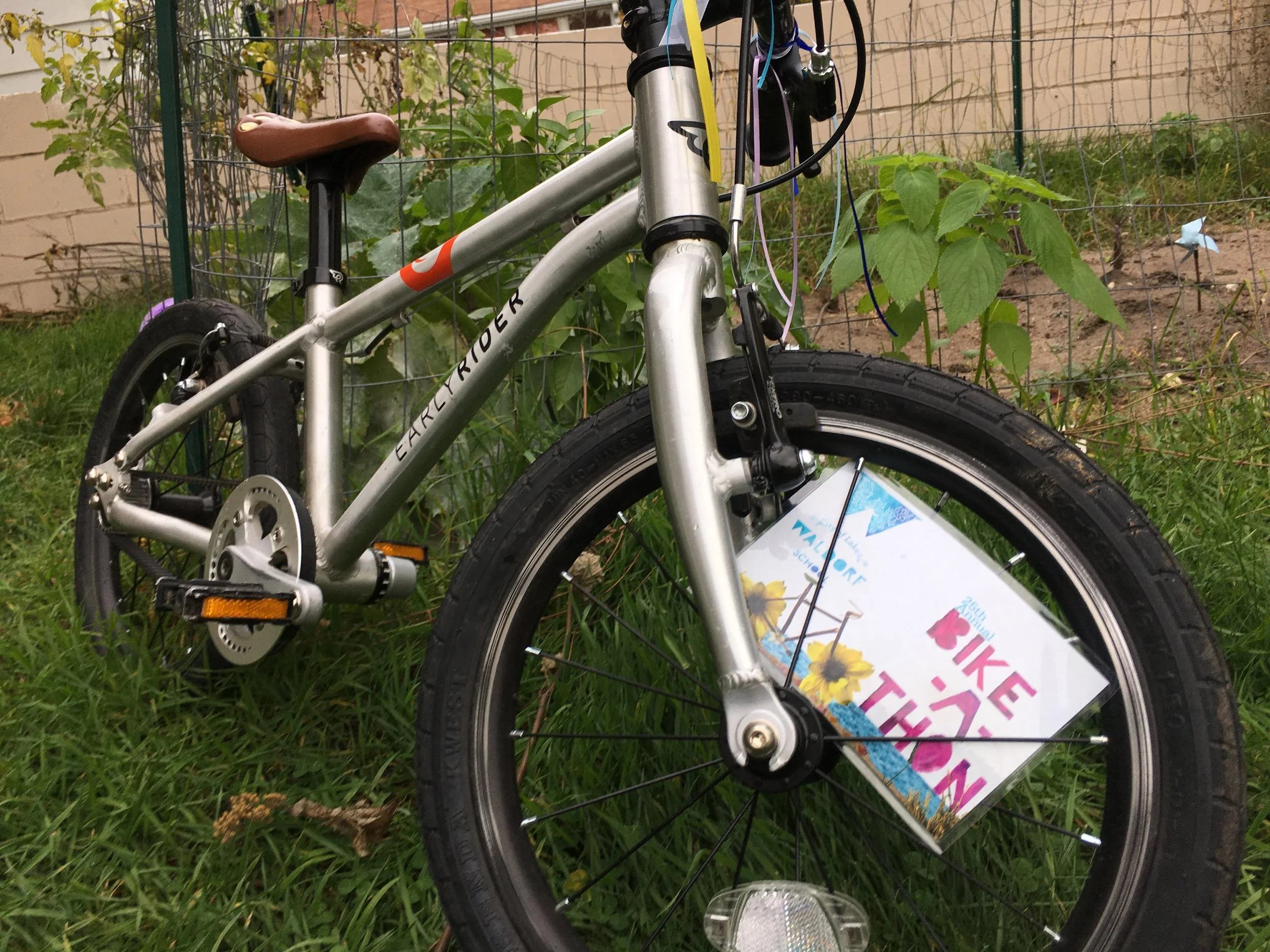 Image of silver early rider 16 inch bike with a spoke card, graphic reads City of Lakes Waldorf School 2016 Bike-A-Thon