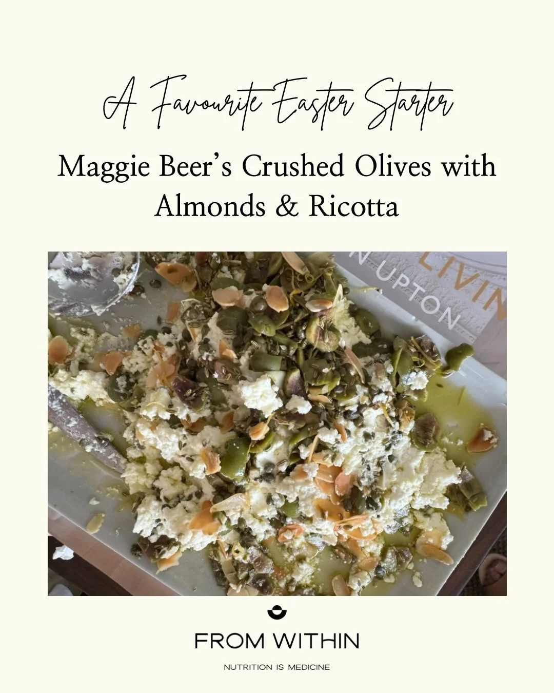 In need for some healthy and delicious Easter lunch ideas? 

A crowd favourite and one I always come back to is Maggie Beer&rsquo;s Crushed Olives with Almonds &amp; Ricotta. 

🥣Ingredients
* ⅓ cup Extra Virgin Olive Oil
* 200g Sicilian green olives