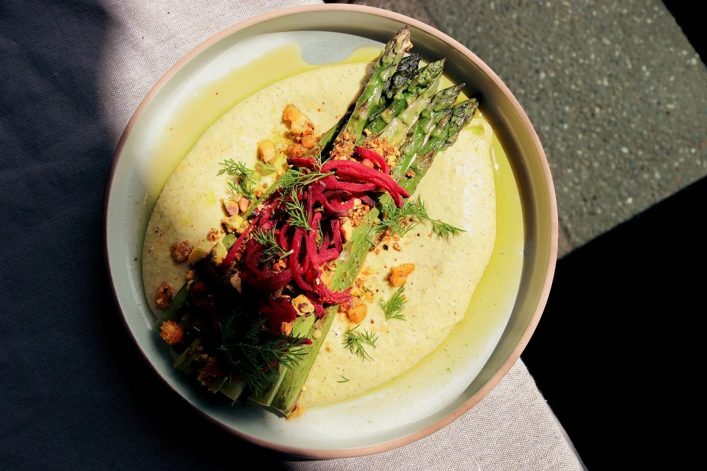 Grilled asparagus with pistachio cream, lemon &amp; dukkah crumble, and pickled beetroot.
- Available till gone, going as fast as the snow.

#SofiMediterranean #SeasonalFlavours