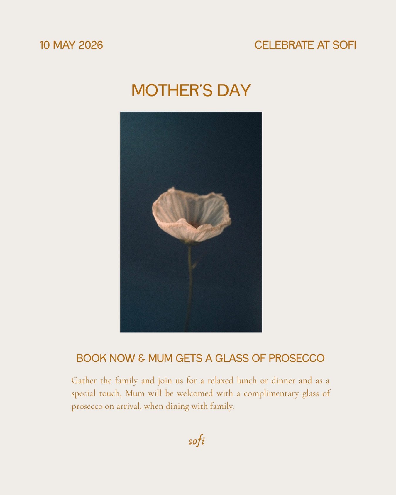 Sunday, 10 May 2026

Gather the family and celebrate mum the way she deserves.

Join us for a relaxed Mediterranean lunch or dinner and as a special touch, Mum will be welcomed with a complimentary glass of prosecco on arrival, when dining with famil
