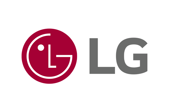 Logo de LG avec un cercle rouge contenant un visage stylisé et les lettres 'L' et 'G' en gris.