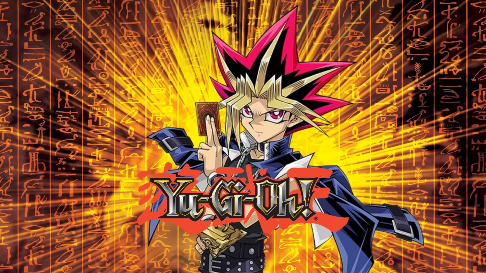 Une illustration du personnage de Yu-Gi-Oh! avec un fond de hiéroglyphes égyptiens, montrant le personnage tenant une carte à jouer et le logo de Yu-Gi-Oh!