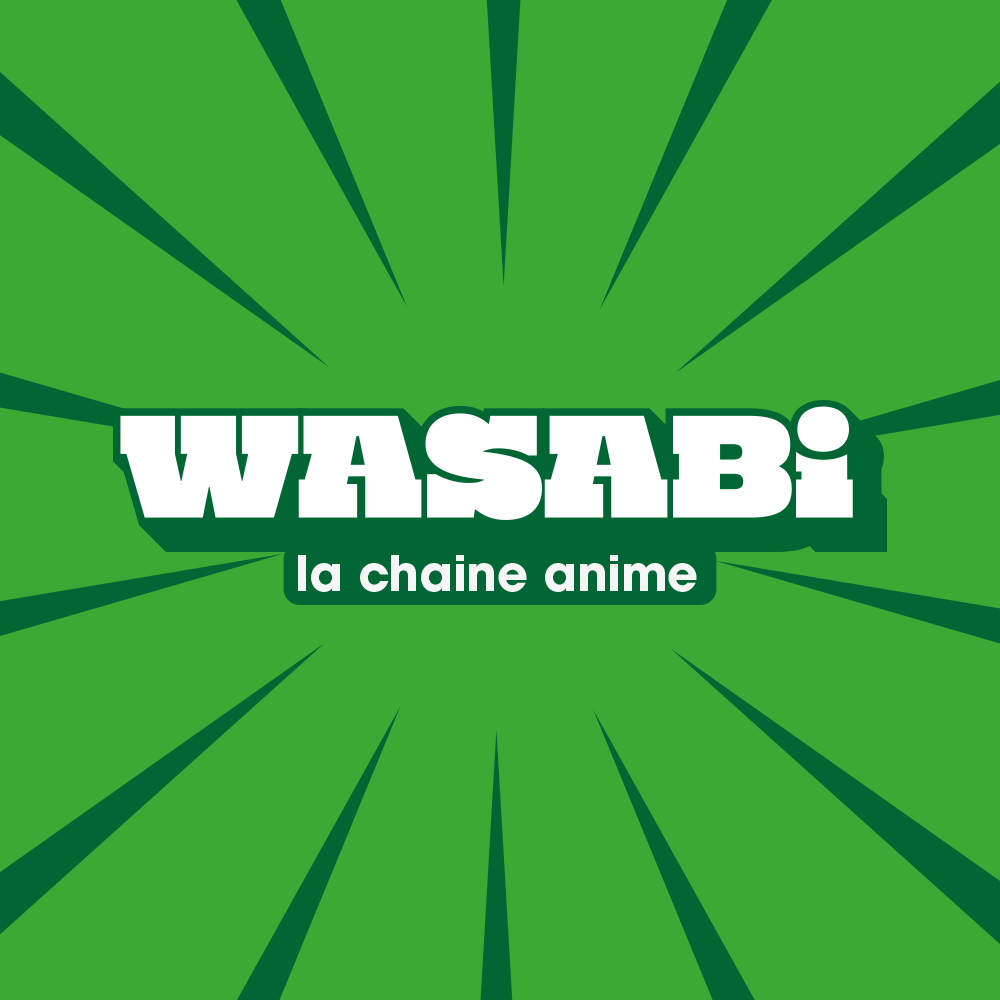 Logo vert avec texte blanc "WASABI" et sous-titre "la chaine anime" sur un fond vert rayonnant