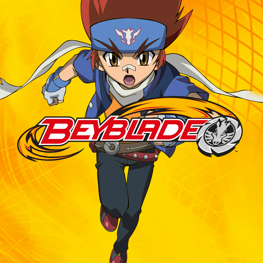 Personnage animé d'une série d'action portant un bandeau bleu, une veste bleue, et se précipitant en avant avec un fond jaune et le logo Beyblade.