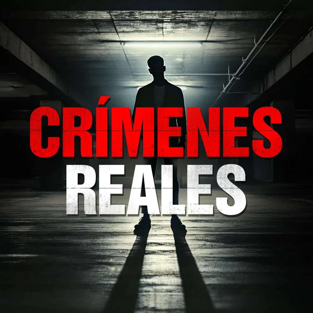 Une silhouette de personne debout dans un parking sombre avec un éclairage derrière, avec le texte 'Crímenes Reales' en rouge et blanc.