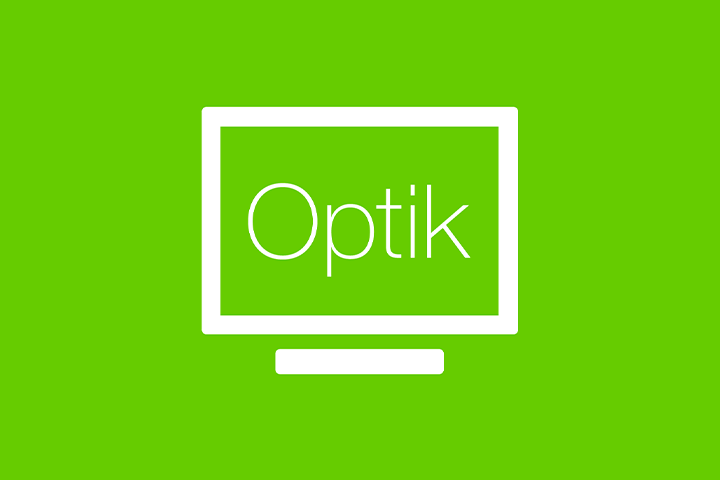 Logo vert avec un écran d'ordinateur blanc affichant le mot «Optik»