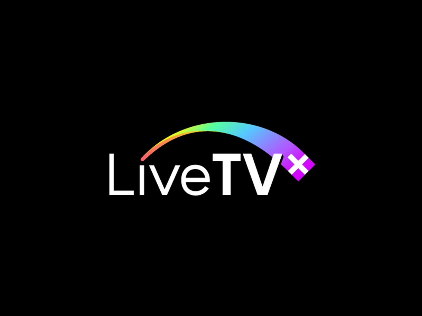 Logo de LiveTV avec un arc en ciel coloré au-dessus du texte, sur fond noir.