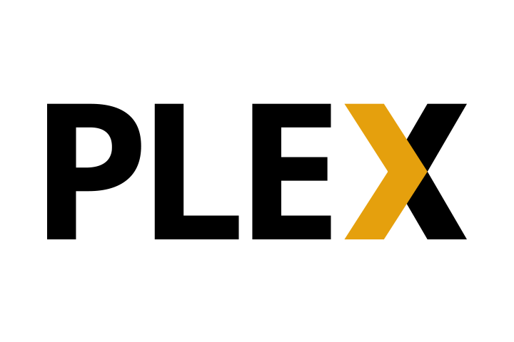 Logo avec le mot 'PLEX', avec la lettre 'X' en or et en italique.