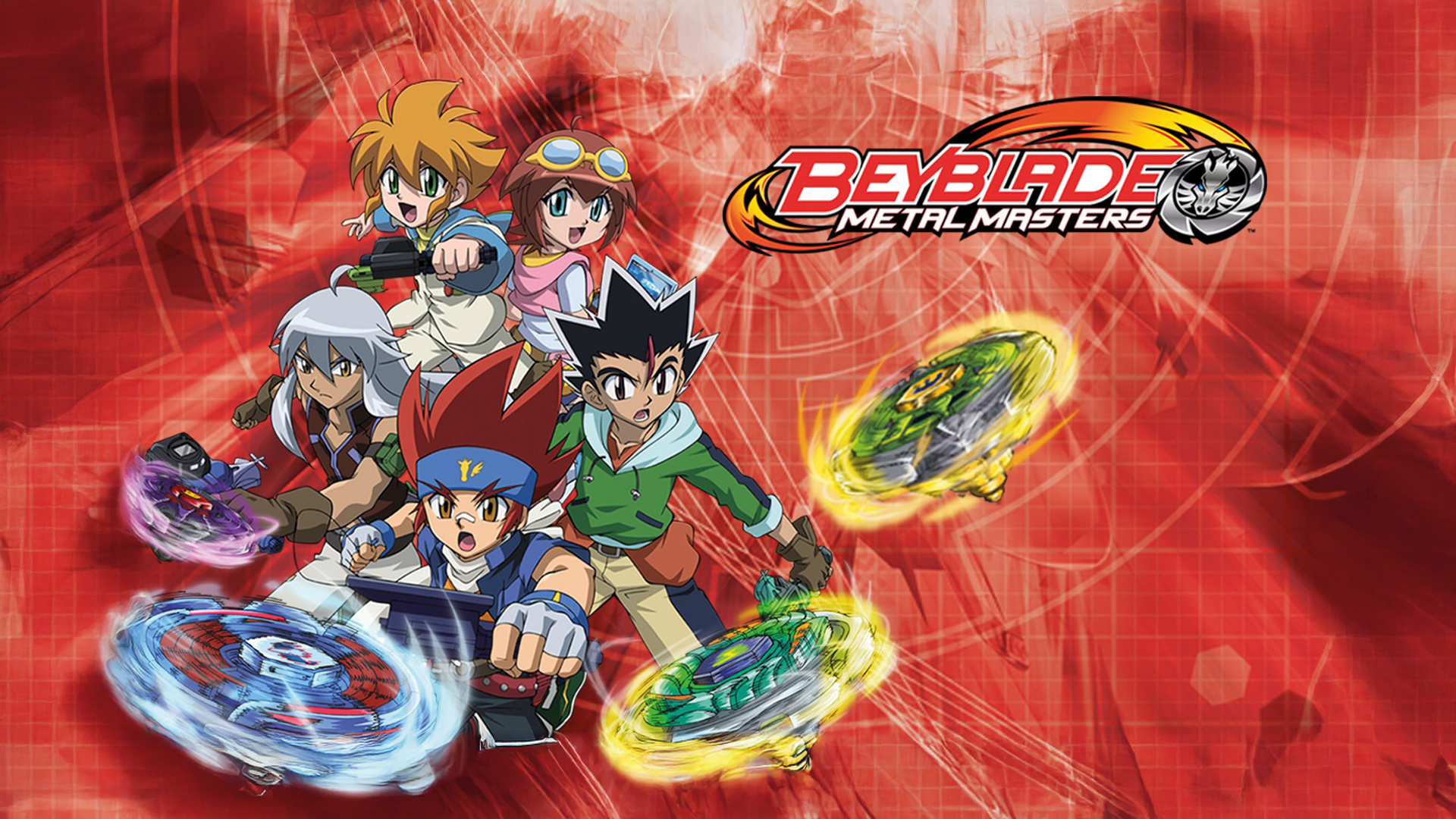Illustration de personnages de Beyblade Metal Masters en action avec des toupies