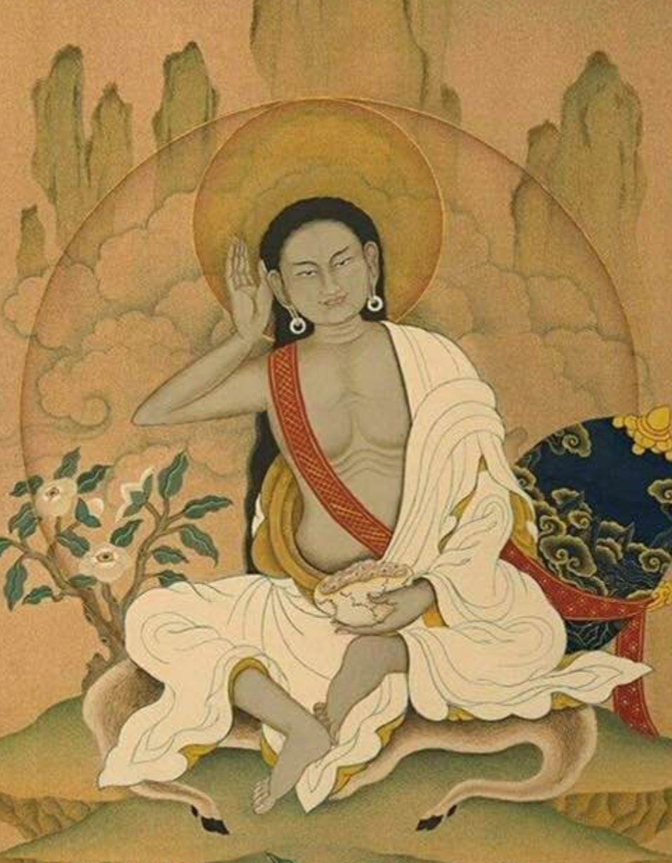 Traditional Buddhist artwork depicting a seated realized figure holding a bowl, with a halo and symbolic landscape, representing renunciation, wisdom, and contemplative lineage.