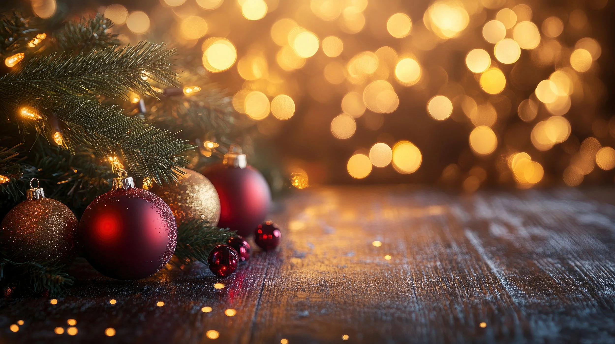 Christmas decorations with ornaments and lights on a pine branch, with a bokeh background of golden lights.