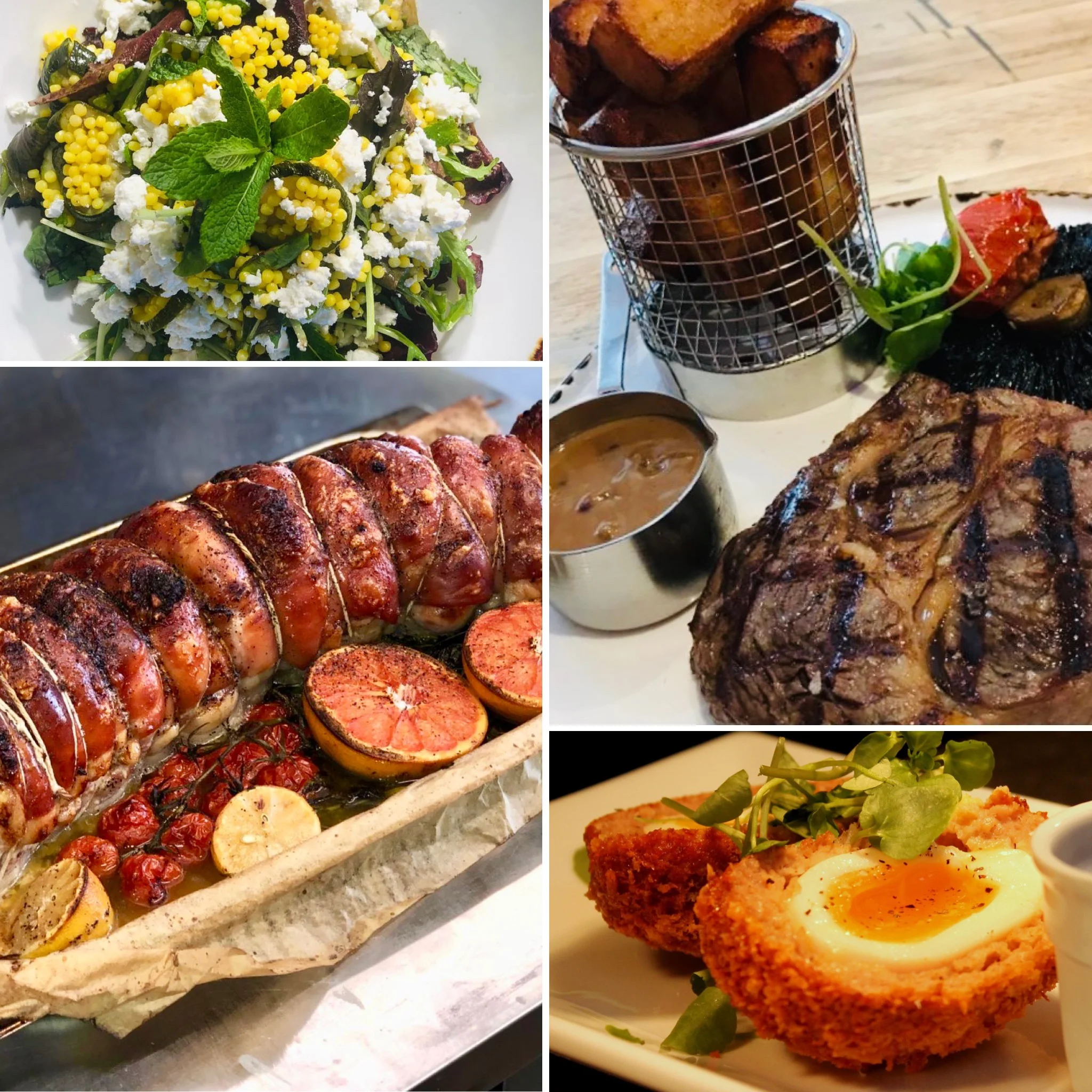 A collage of five dishes including a salad with greens, yellow beads, and feta cheese, a platter of roasted lobster tail with grilled lemon and cherry tomatoes, a grilled beef steak with mushrooms, a basket of fried potatoes with dipping sauce, and a