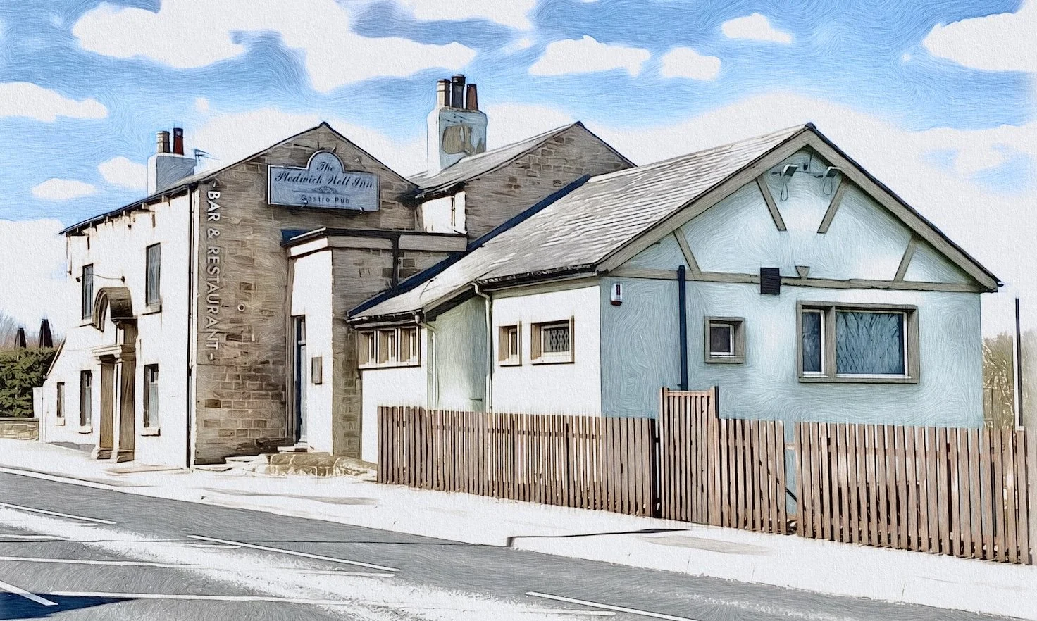 Painted digital illustration of a two-story building with a sign indicating it is The Pledwick Pub, featuring stone and pastel-colored walls, a wooden fence, and a partly cloudy sky.