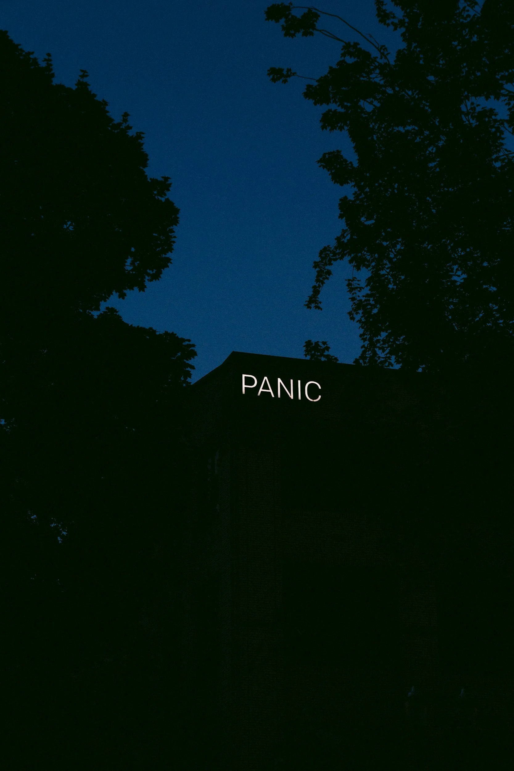 night time photo showing the silhouette of a building and surrounding trees set against a dark night sky, on the side of the building the word 'PANIC' is visible in lights