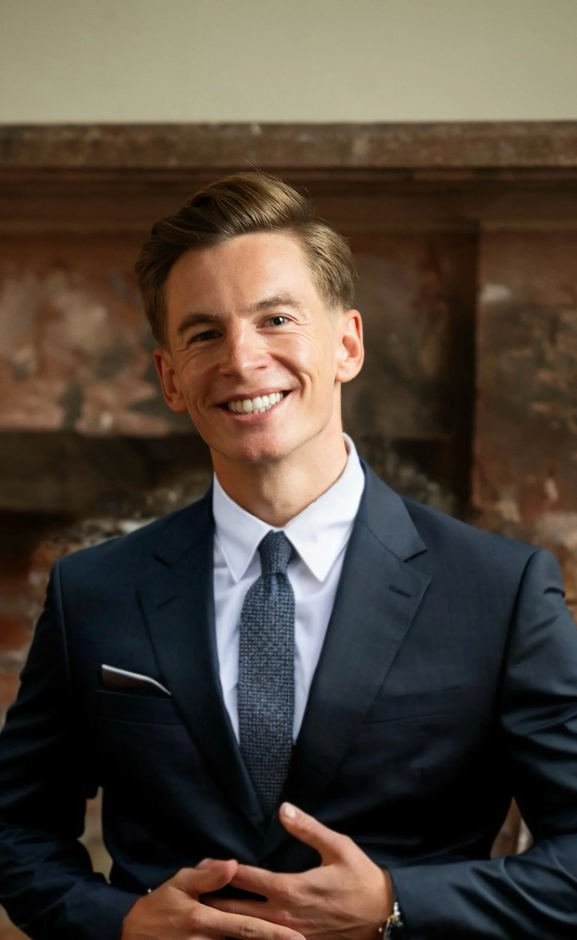 Dr Bradley Powell Clinical Psychologist, smart male smiling seated dressed in suit