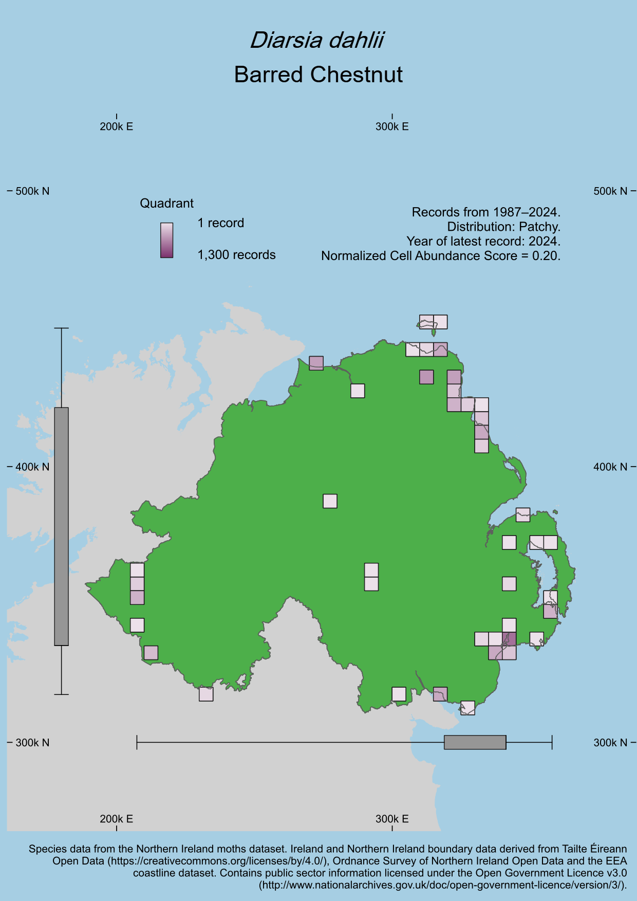 Distribution of the Barred Chestnut  Diarsia dahlii  in Northern Ireland.