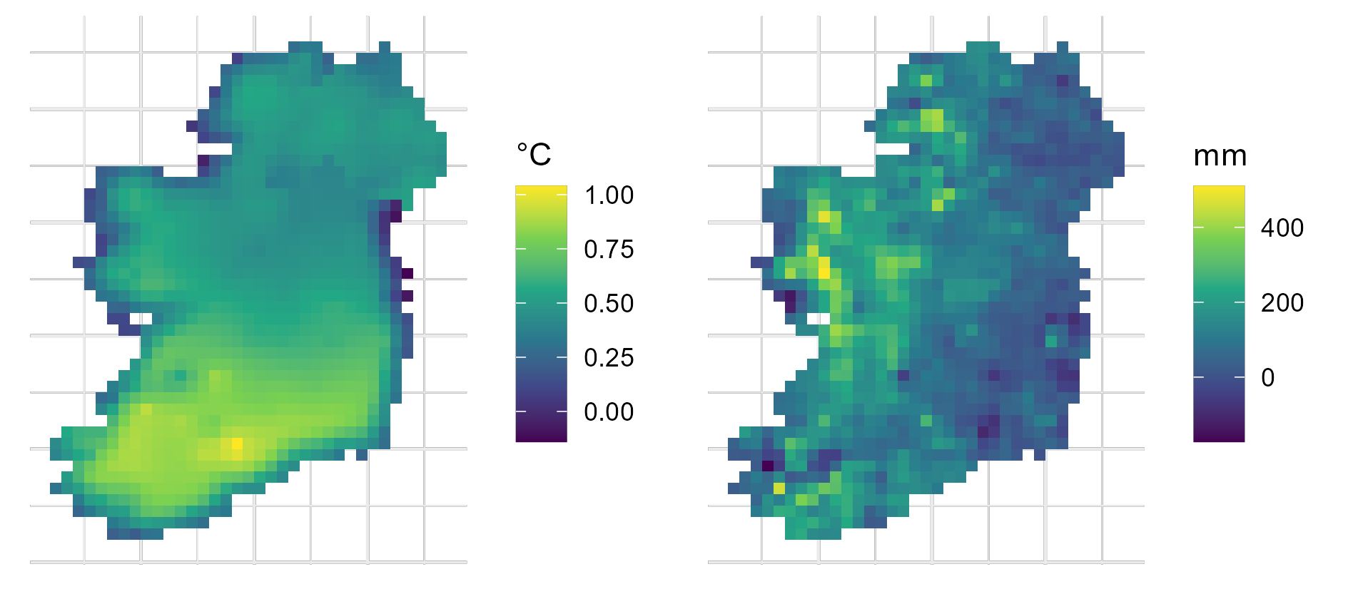 Change in temperature and rainfall in Irish hectads between 2000–2003 and 2019– 2024.