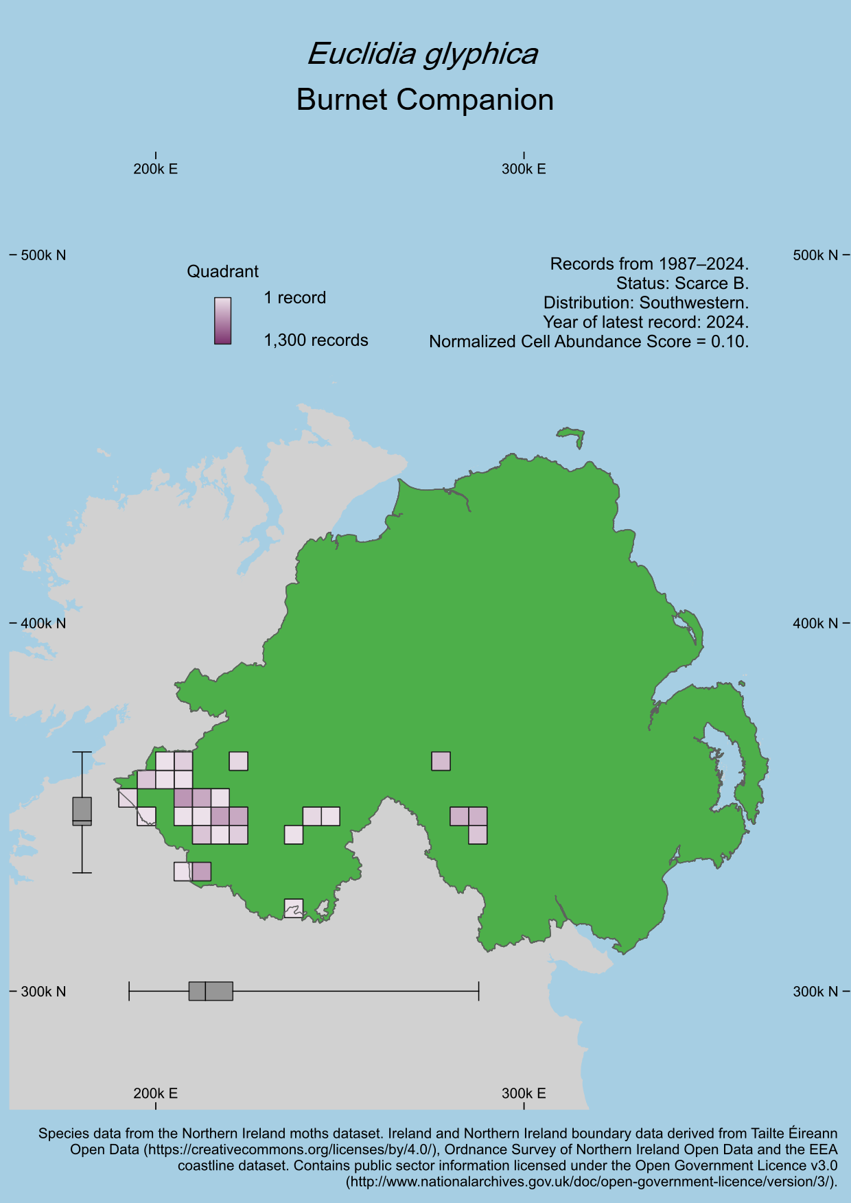Distribution of the Burnet Companion  Euclidia glyphica  in Northern Ireland.
