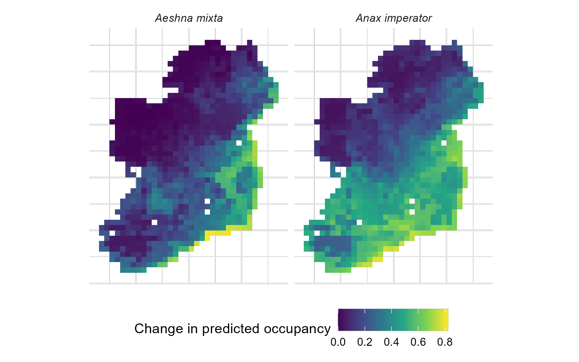 Change in predicted occupancy of Migrant Hawker Aeshna mixta (left) and Emperor Dragonfly Anax imperator (right) between 2000–2003 and 2019– 2024.