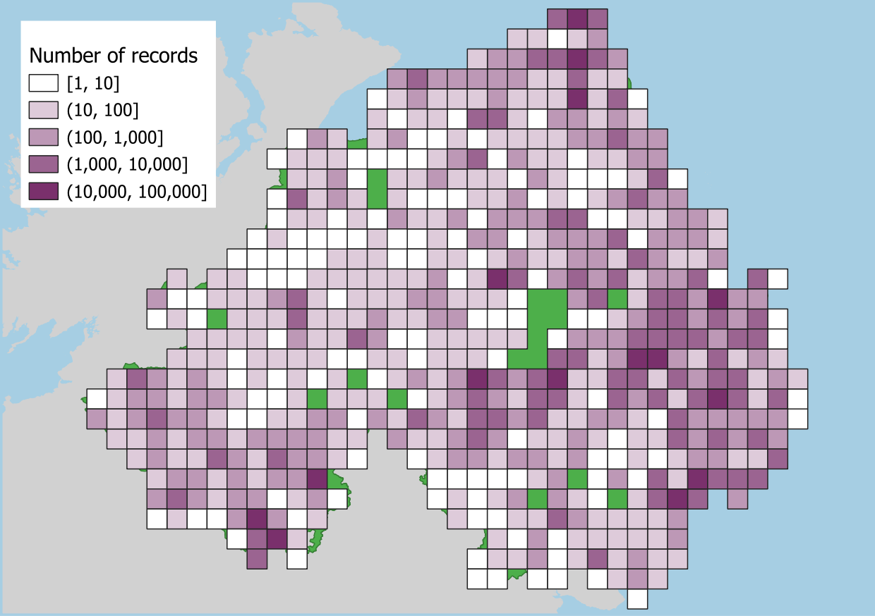 Number of moth records per quadrant in Northern Ireland. Ireland and Northern Ireland boundary data derived from Tailte Éireann Open Data (https://creativecommons.org/licenses/by/4.0/), Ordnance Survey of Northern Ireland Open Data and the EEA coastl
