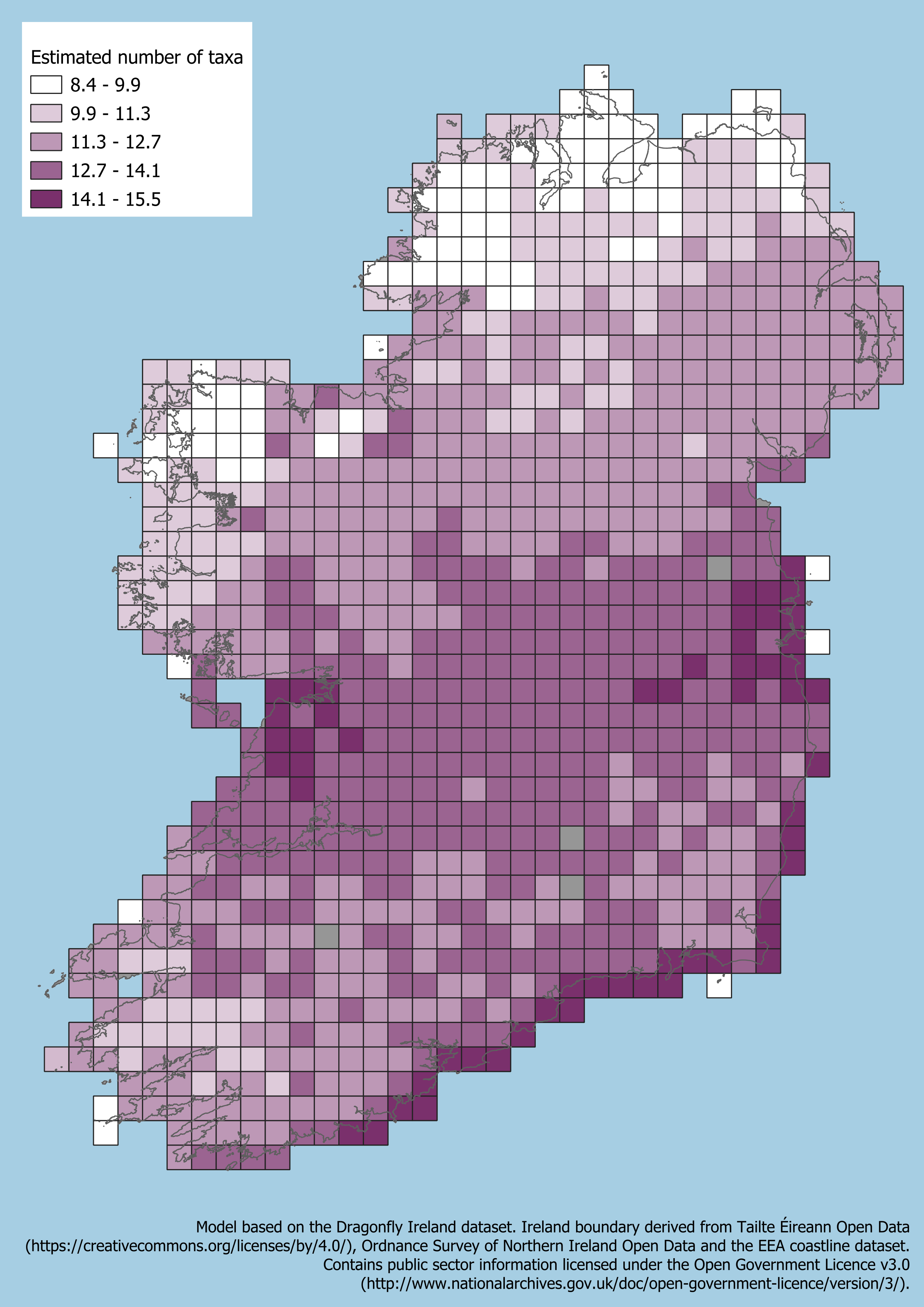 Frescalo estimated number of dragonfly and damselfly species per hectad in Ireland.