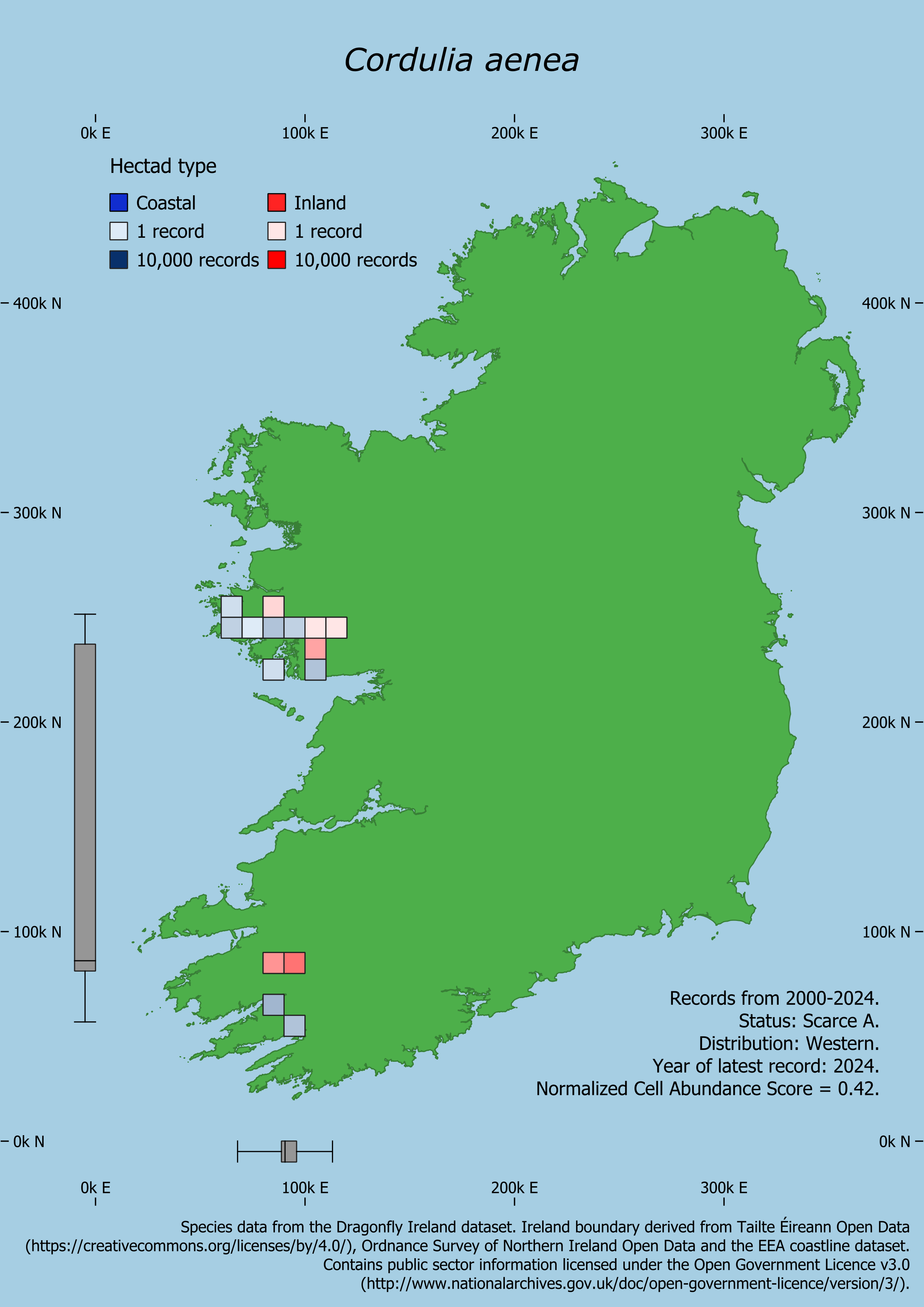Distribution of the Downy Emerald dragonfly Cordulia aenea showing record density, geographic descriptors and draft rarity status