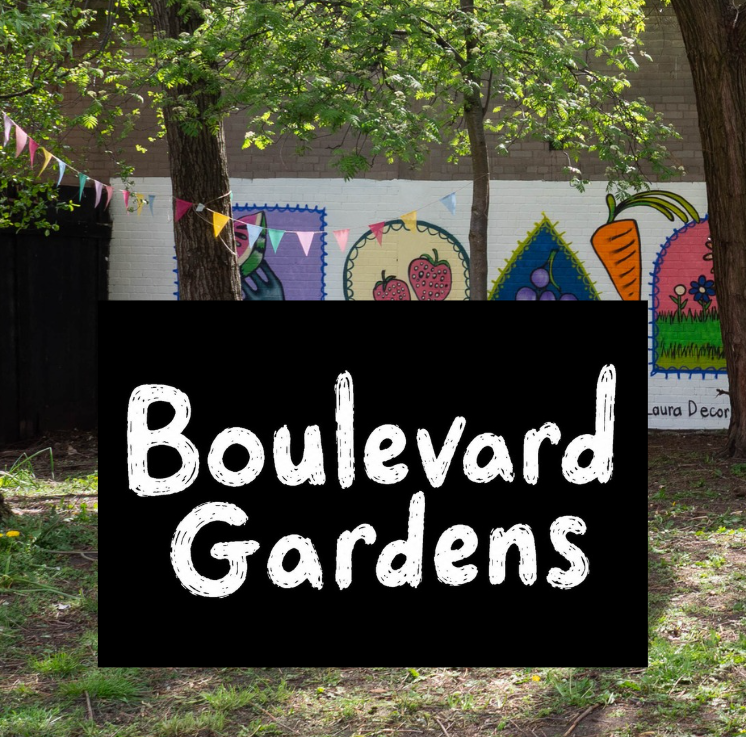 Text saying Boulevard Gardens overlaid on a photo of a mural under trees.