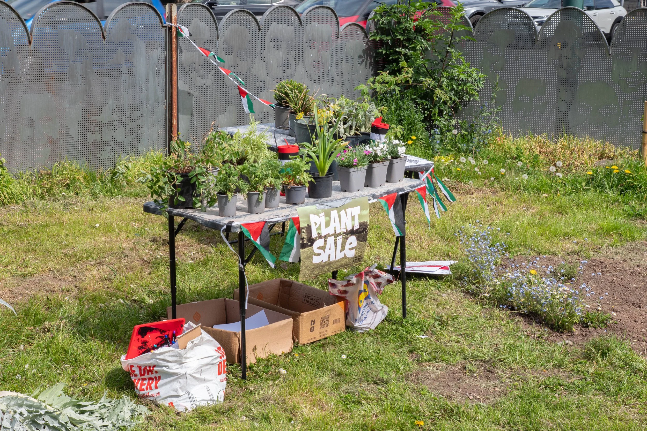 A table full of plants in pots with a sign reading 'plant sale'.