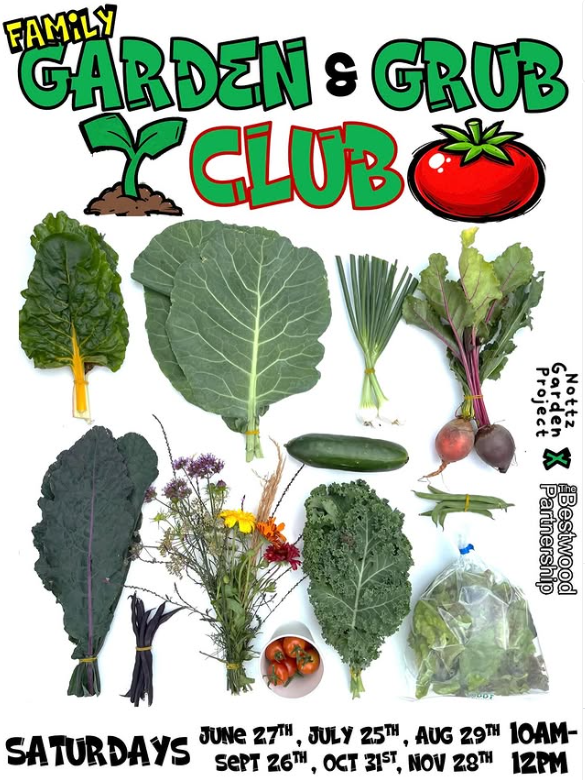 Poster with images of vegetables. Text reads: Family Garden & Grub Club.