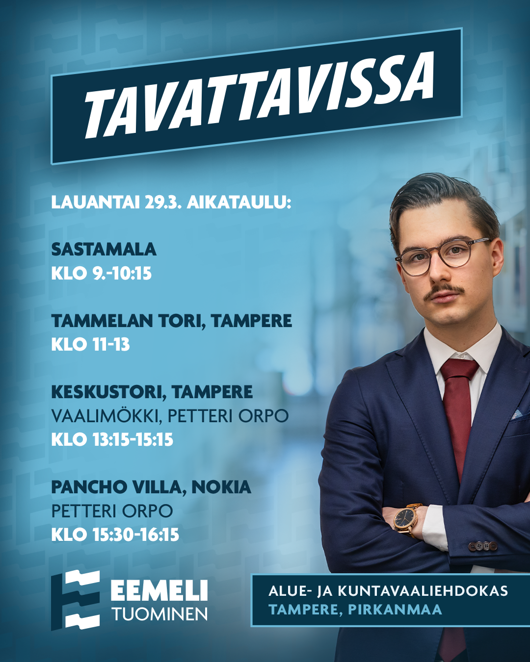 Flyer ilmaiseksi vaalipaneelista Tampereella, Suomessa, sisältäen päivämäärän 29.3. ja tapahtuma-aikataulun. Valokuva nuoresta miehestä puvun ja silmälasien kanssa oikealla ja teksti vasemmalla.