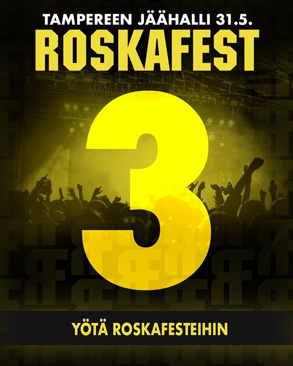 Tampereen jäädell 31.5. Roskafest tapahtuma, suuri keltainen numero 3 ja ihmisiä lavalla ja yleisössä ilotulitteiden ja valojen kanssa.