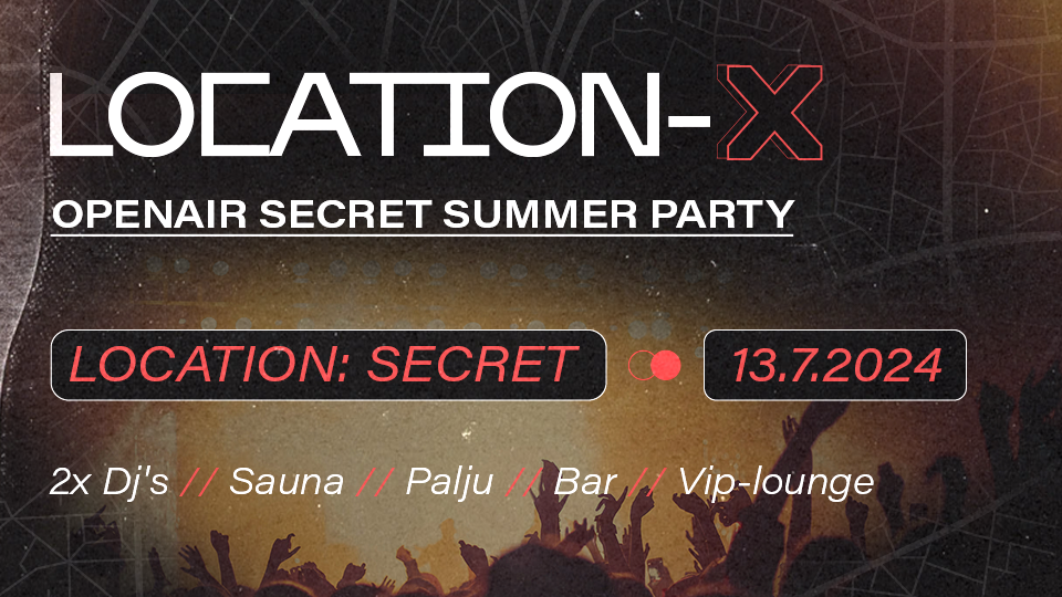 Viestin tausta on tapahtuma-ilmoitus, jossa lukee "Location-X" ja "OpenAir Secret Summer Party". Tapahtuma on salainen paikka 13.7.2024, ja siihen liittyy DJ:tä, saunaa, paljua, baaria ja VIP-loungea. Taustalla on konsertti- tai festivaalimainen lava ja yleisö tanssimassa