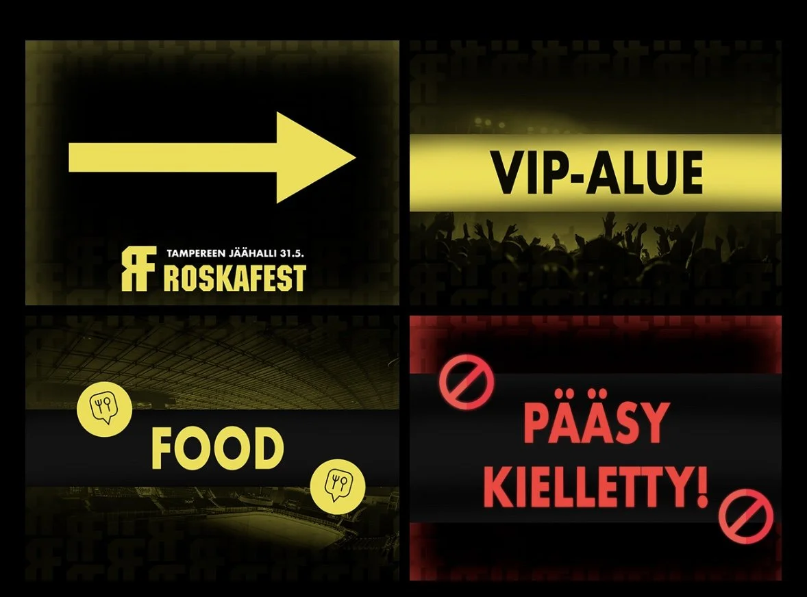 Neljä ilmaisua tapahtumassa: oikealle osoittava keltainen nuoli, teksti 'VIP-ALUE', 'RUOKAA' ja 'PÄÄSY KIELLETY!'