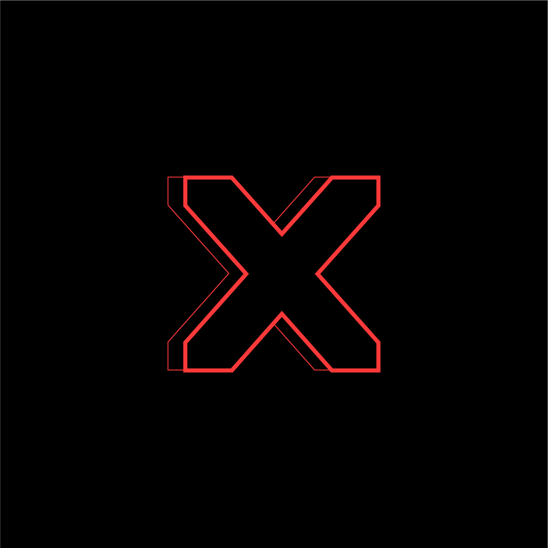 Grafiikka, jossa suuri punainen 'X' symboli keskellä mustaa taustaa.