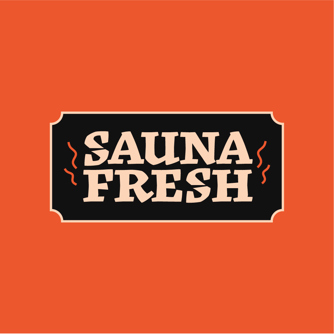 Hellevä kuva, jossa teksti "Sauna Fresh" mustalla taustalla, oranssilla taustavärillä.
