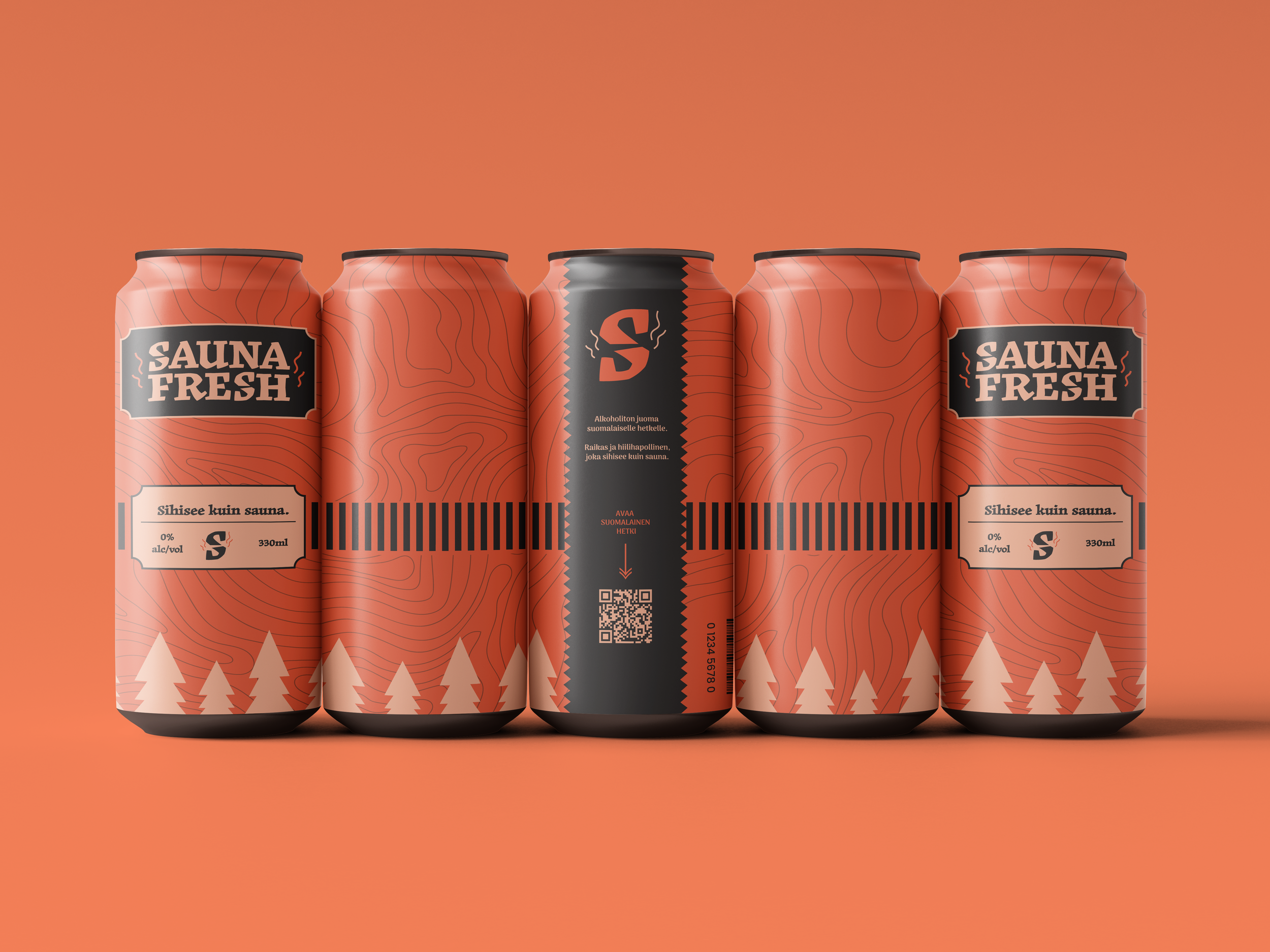 Neli juomamaskia, joissa lukee Sauna Fresh ja alkoholittoman juoman etiketti.