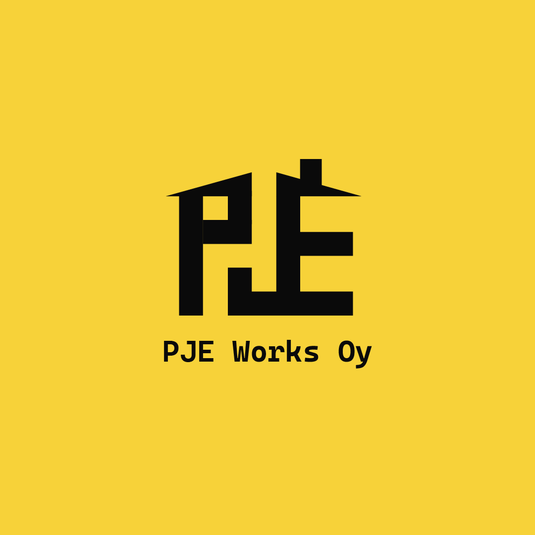 Keltainen tausta, jossa musta logo ja teksti 'PJE Works Oy'.
