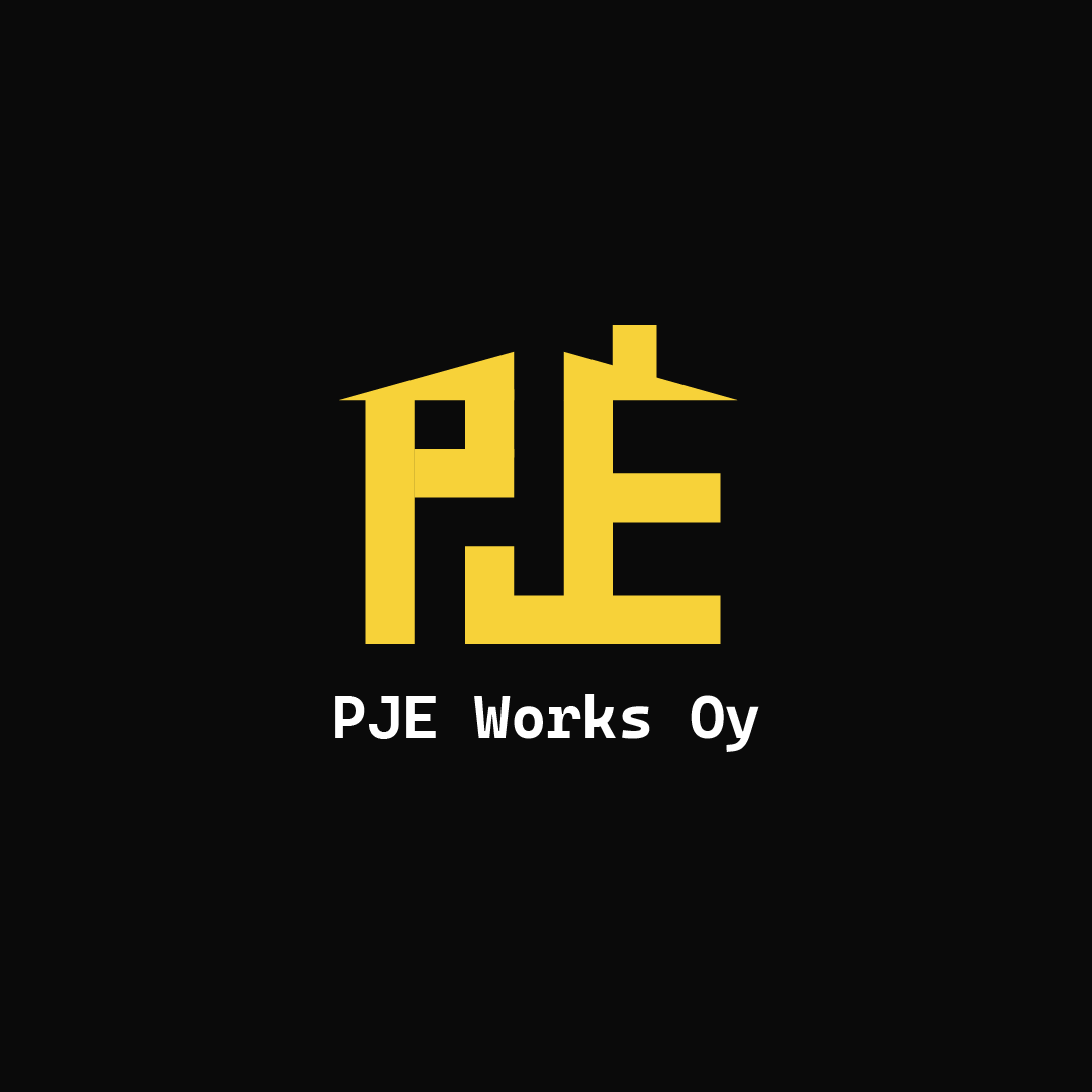 Mustavalkoinen logo, jossa suuri keltaisella väriä muotoiltu kirjain 'P', 'J' ja 'E', ja tekstin 'PJE Works Oy' alapuolella.