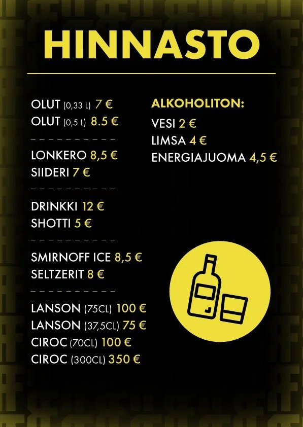 Alkoholiuimiston hinnasto, jossa on olutta, lonkeroa, siideriä, juomia, lyhyitä ja pitkiä alkoholijuomia, Smirnoff Iceä, Seltzeria ja erilaisia lonkeropulloja ja -snapsilaseja.