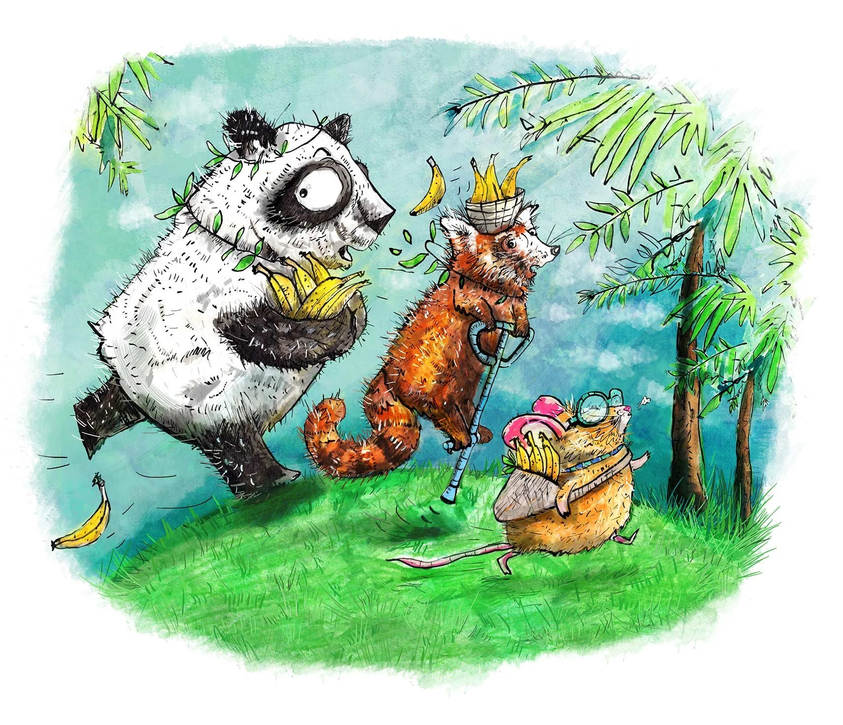 panda, red panda and mouse running illustration
