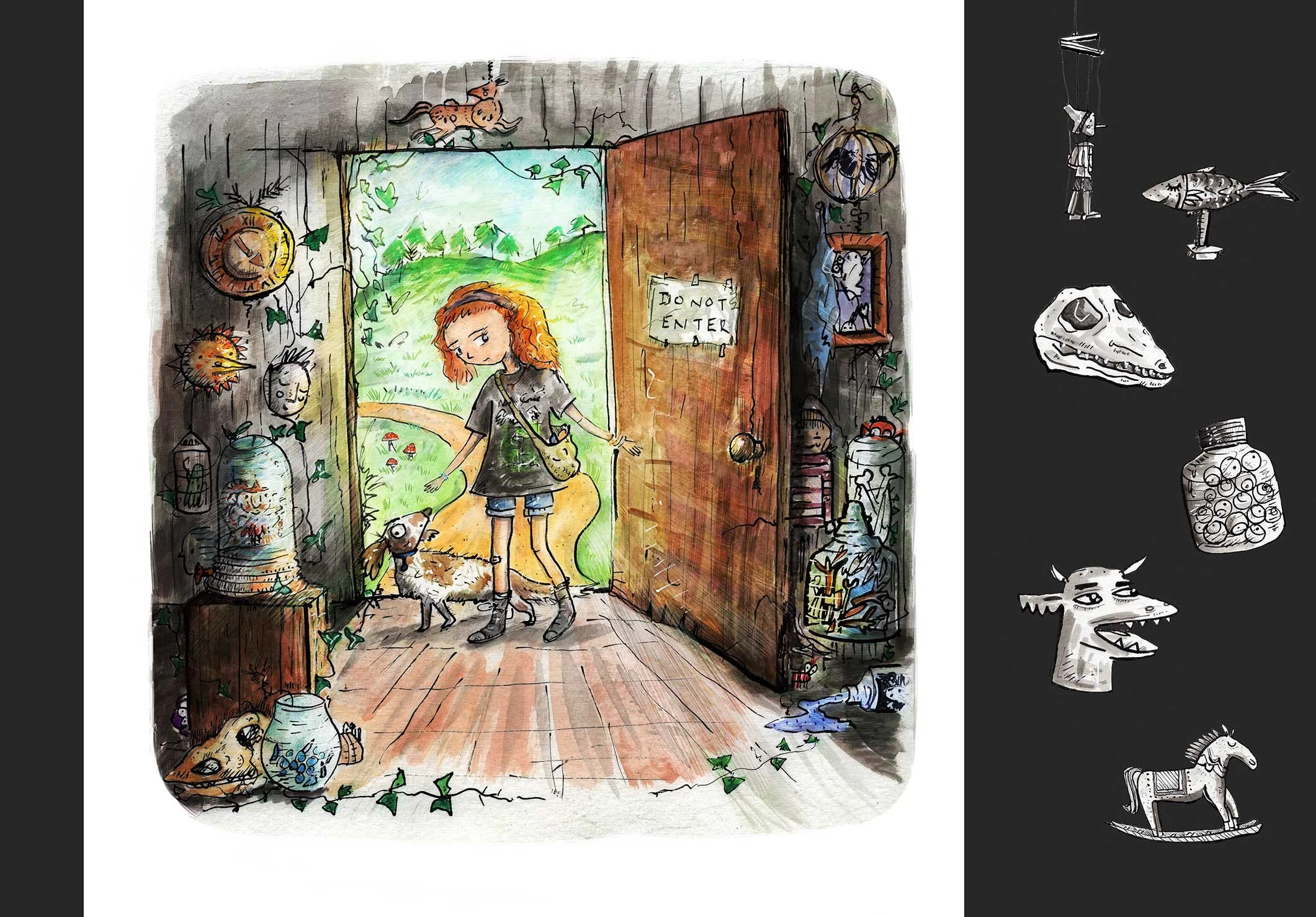 Creepy House and girl illustration